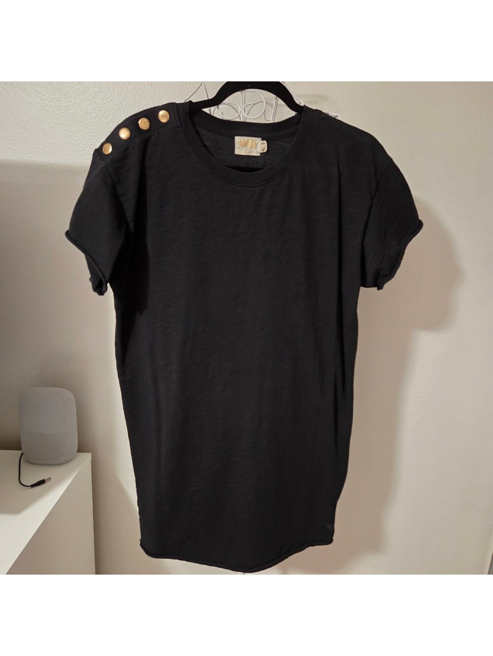 Nation LTD Black Cotton Dress with Gold Buttons on Shoulder, Size S